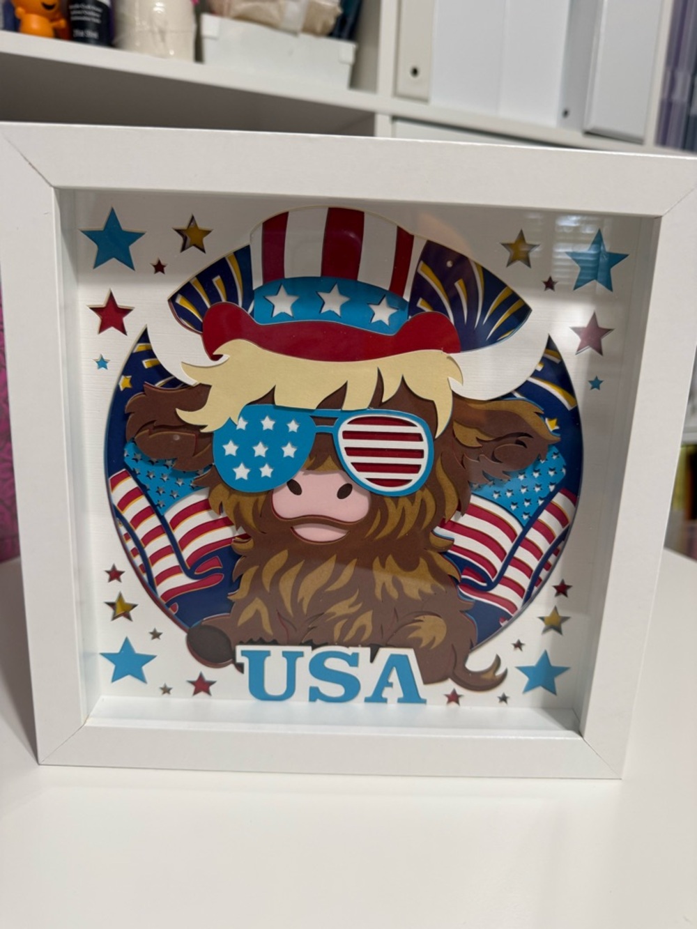 Patriotic USA Highland Cow Shadow Box Art